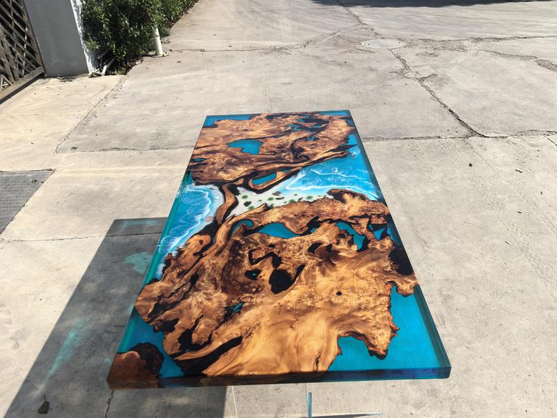 Blue Ocean Transparent Epoxy Resin Fir Tree Burl Wood Table