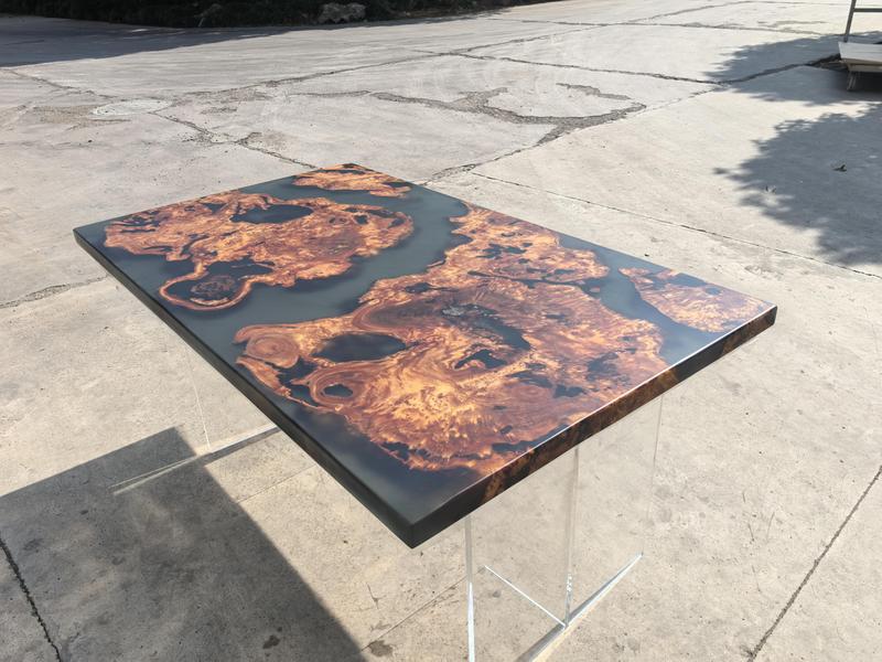 Factory Direct Supply Epoxy Resin Gray Fir Tree Burl Wood Dining Table 1540×910×50mm