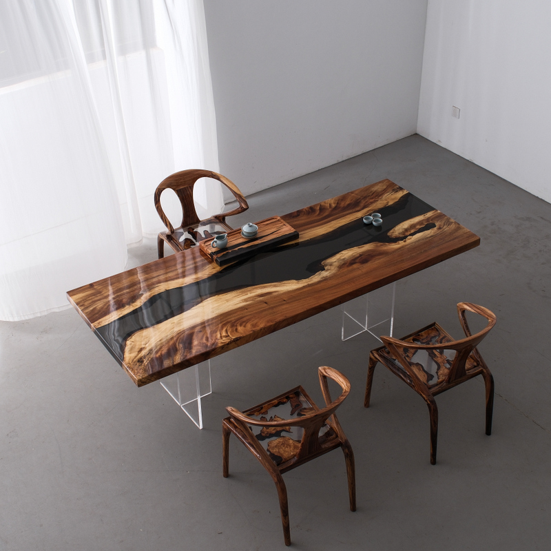 Black Clear Epoxy South American Walnut Straight Edge Wood Dining Table 230*90*5.5cm