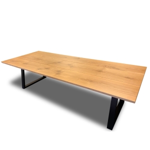 Custom 3-Pc Plank Slab Oak Dining Table With Black Iron Legs